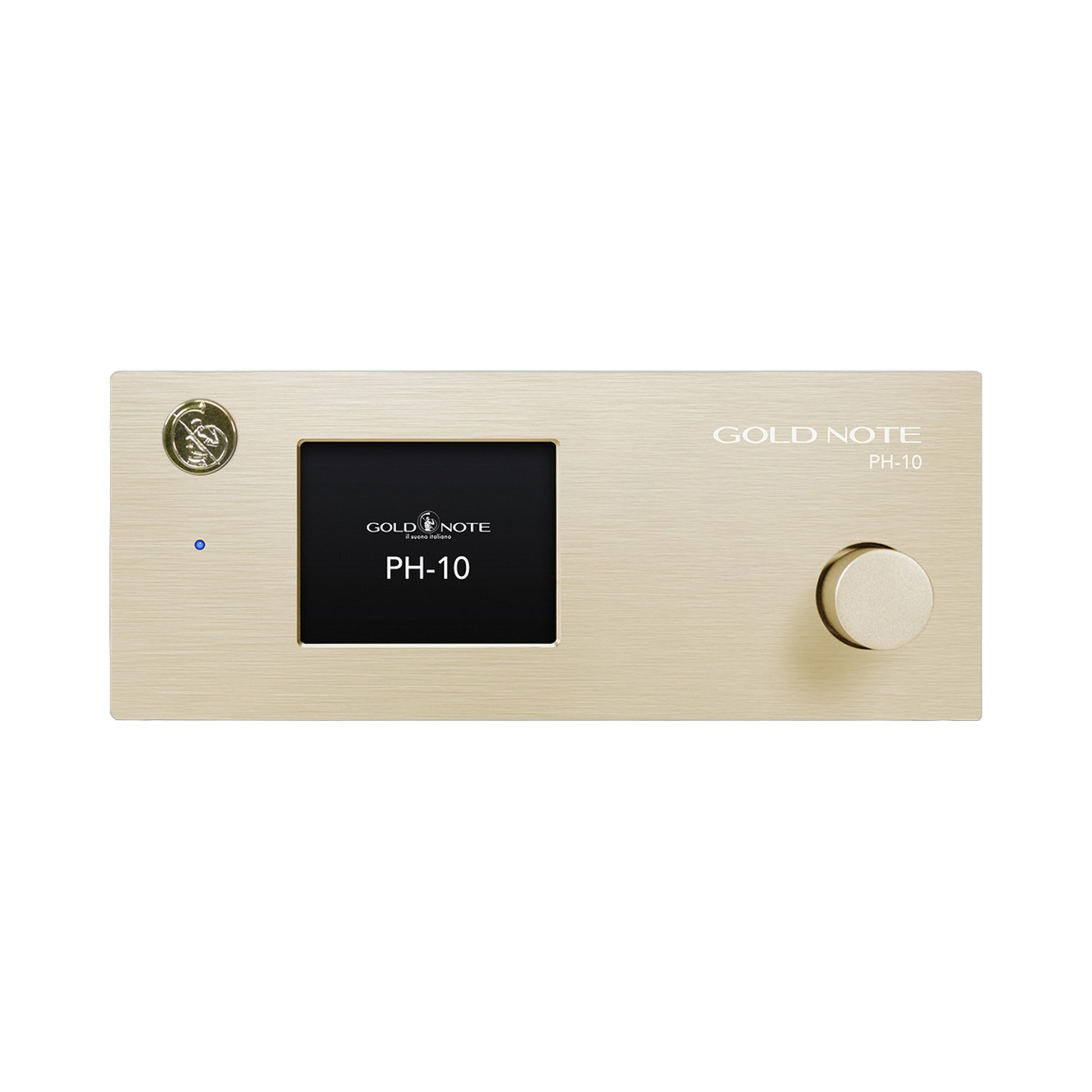 Gold Note PH-10 Phono-Vorverstärker Gold Frontansicht mit Farbdisplay und Bedienknopf