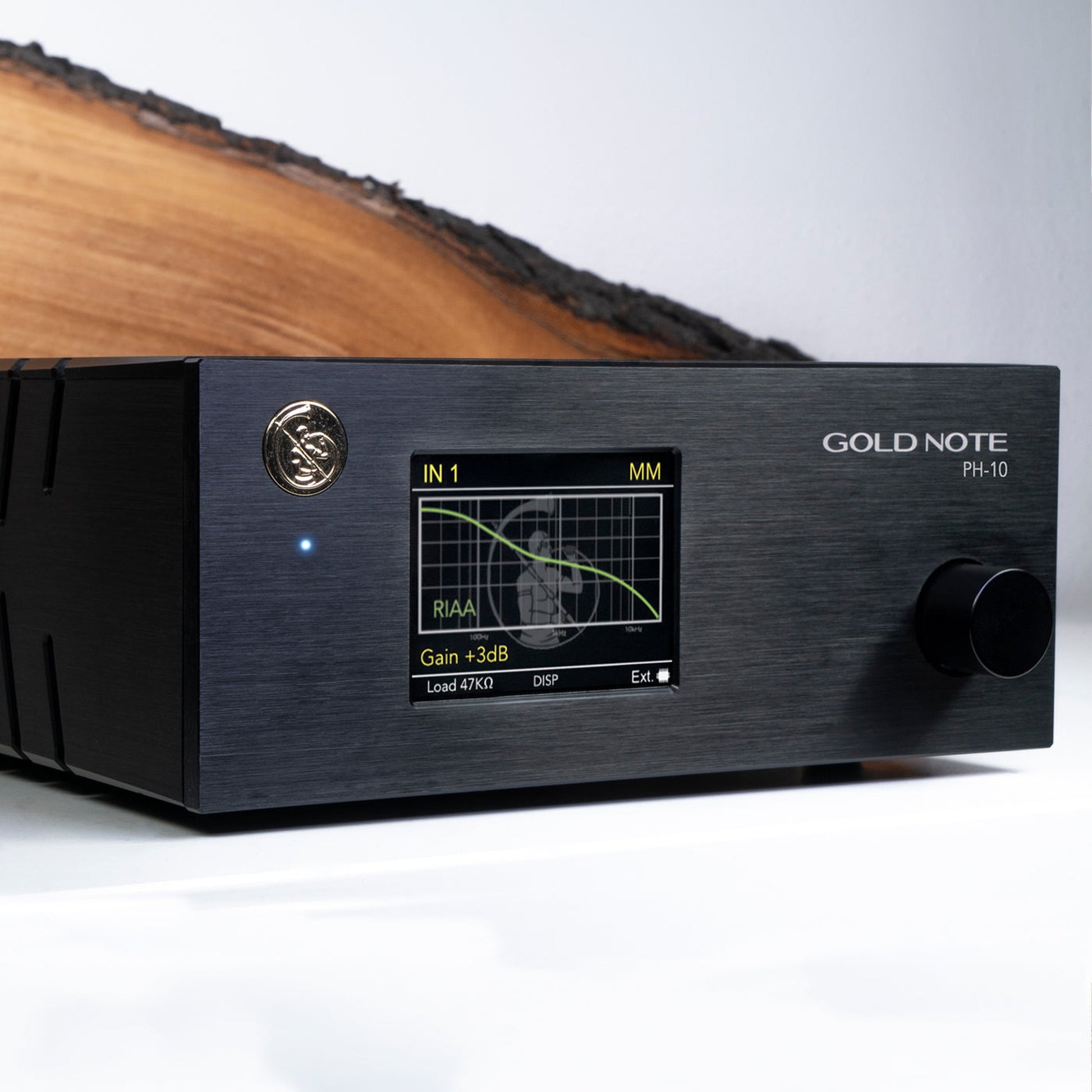 Gold Note PH-10 Phono-Vorverstärker Schwarz Displayansicht mit RIAA-Kurve, MM-Eingang, Gain +3 dB, Load 47 kOhm