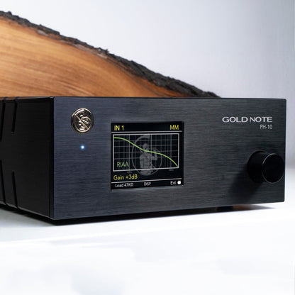 Gold Note PH-10 Phono-Vorverstärker Schwarz Displayansicht mit RIAA-Kurve, MM-Eingang, Gain +3 dB, Load 47 kOhm