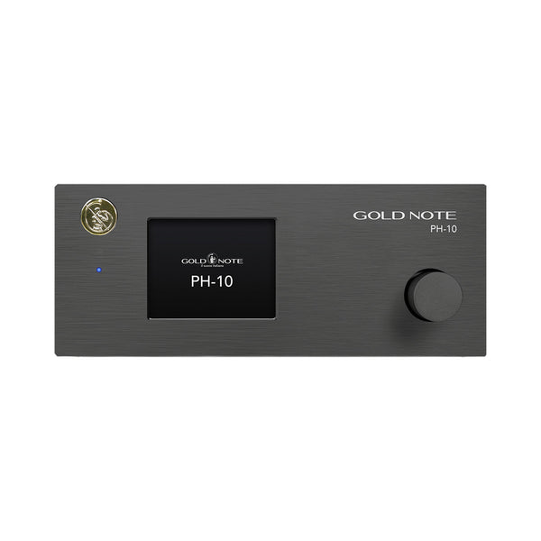 Gold Note PH-10 Phono-Vorverstärker Schwarz Frontansicht mit Farbdisplay und Bedienknopf