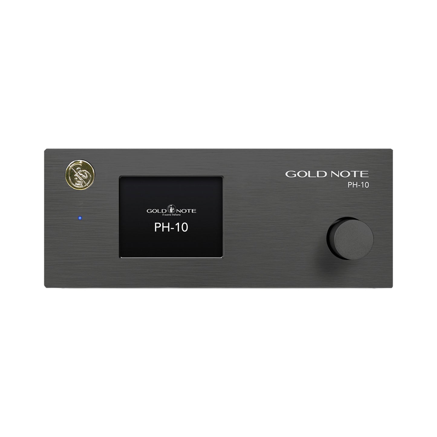 Gold Note PH-10 Phono-Vorverstärker Schwarz Frontansicht mit Farbdisplay und Bedienknopf