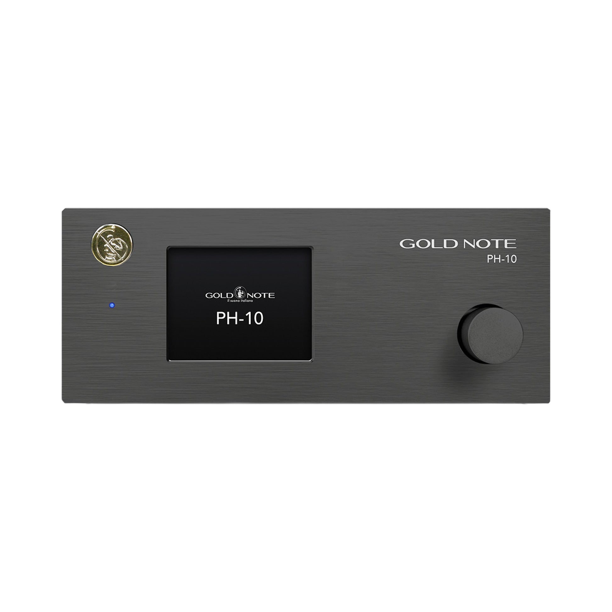 Gold Note PH-10 Phono-Vorverstärker Schwarz Frontansicht mit Farbdisplay und Bedienknopf