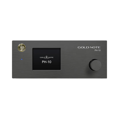 Gold Note PH-10 Phono-Vorverstärker Schwarz Frontansicht mit Farbdisplay und Bedienknopf