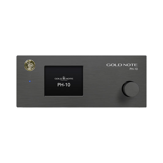 Gold Note PH-10 Phono-Vorverstärker Schwarz Frontansicht mit Farbdisplay und Bedienknopf