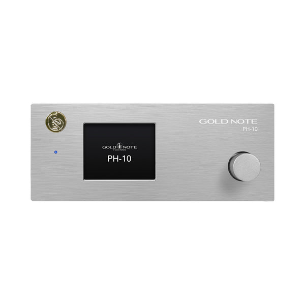 Gold Note PH-10 Phono-Vorverstärker Silber Frontansicht mit Farbdisplay und Bedienknopf