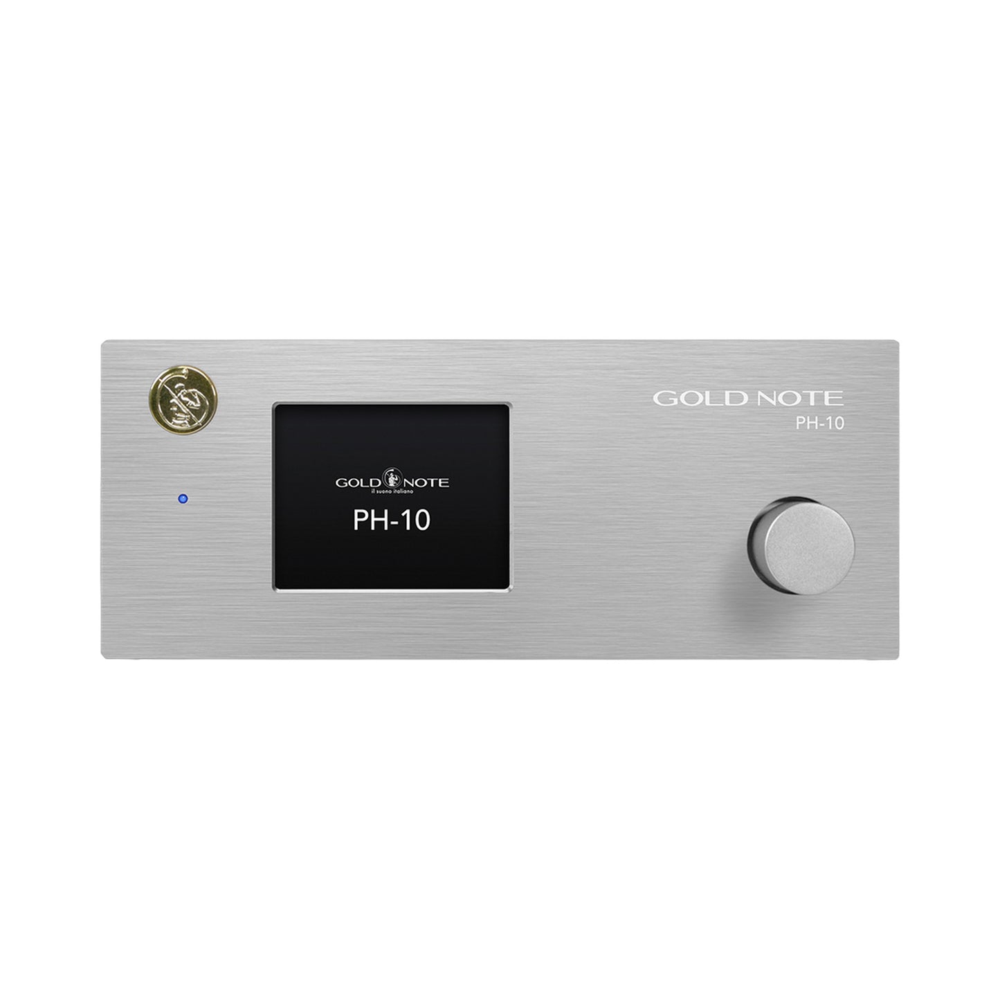 Gold Note PH-10 Phono-Vorverstärker Silber Frontansicht mit Farbdisplay und Bedienknopf