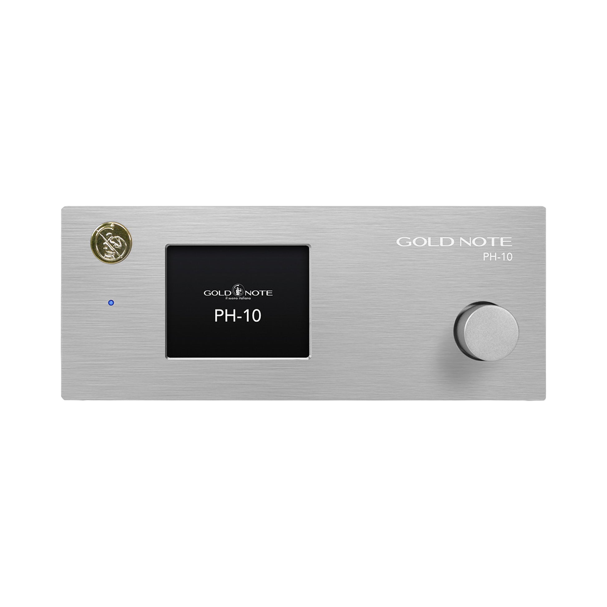 Gold Note PH-10 Phono-Vorverstärker Silber Frontansicht mit Farbdisplay und Bedienknopf