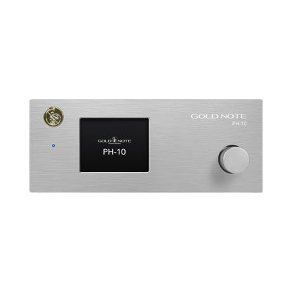 Gold Note PH-10 Phono-Vorverstärker Silber Frontansicht mit Farbdisplay und Bedienknopf