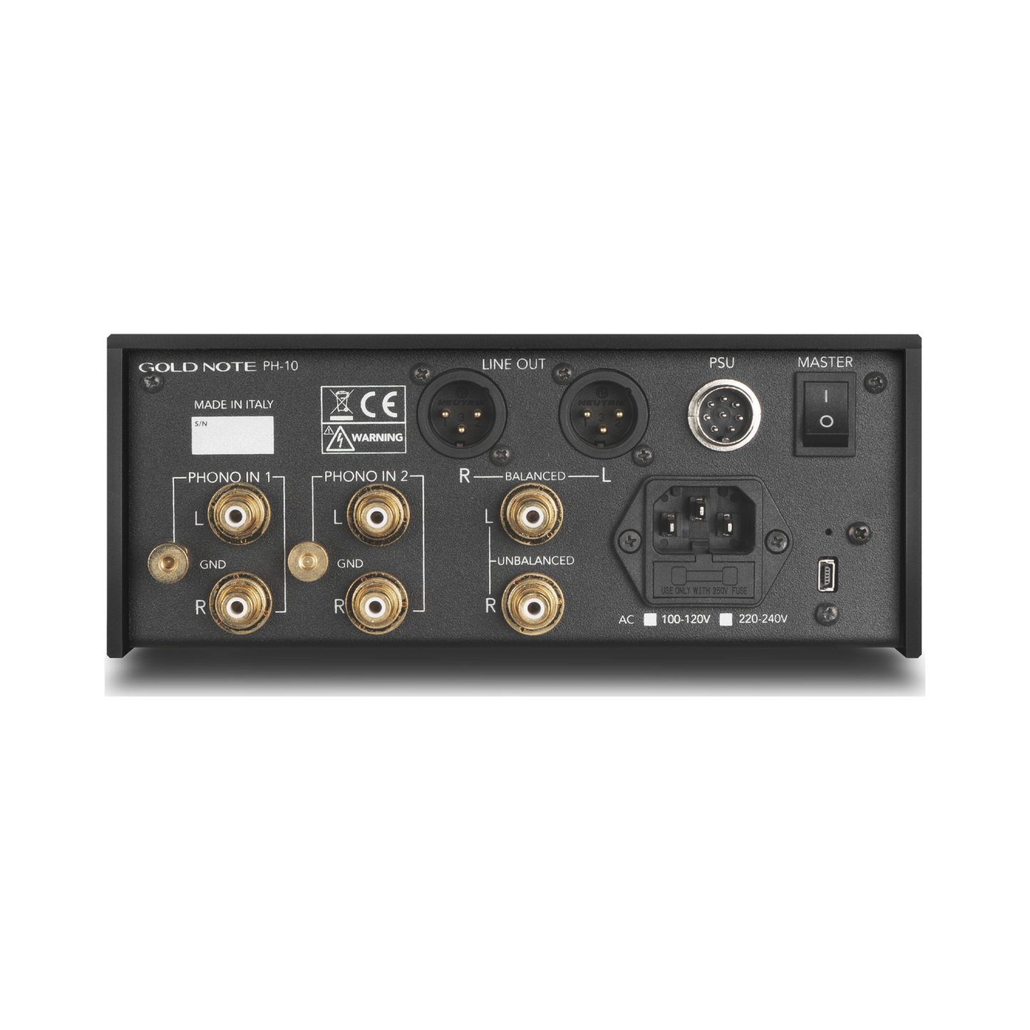 Gold Note PH-10 Phono-Vorverstärker Silber Rückansicht mit zwei Phono-Eingängen, XLR- und RCA-Ausgang, PSU-Buchse