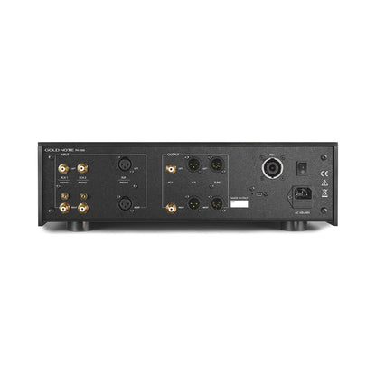 Gold Note PH-1000 LITE Phono-Vorverstärker Rückansicht mit Phono-Eingängen 2× Cinch und 1× XLR sowie TUBE-Ausgang