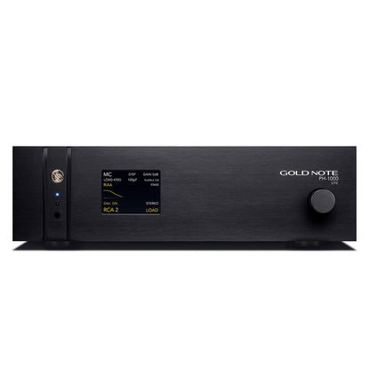 Gold Note PH-1000 LITE Phono-Vorverstärker Schwarz Frontansicht mit Farbdisplay und Drehknopf