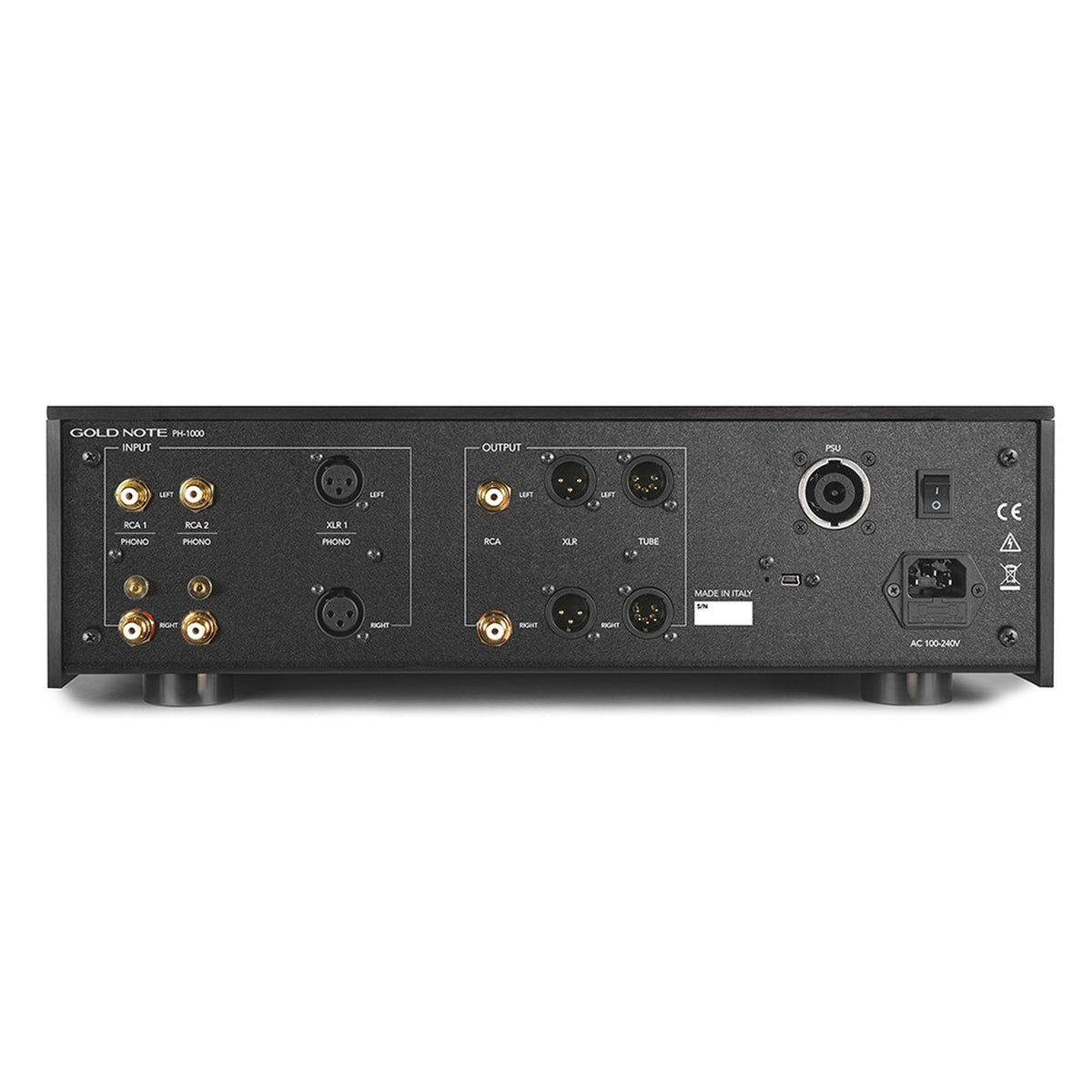 Gold Note PH-1000 LITE Phono-Vorverstärker Schwarz Rückansicht mit 2× Cinch, 1× XLR Phono, XLR-, Cinch- und TUBE-Ausgang