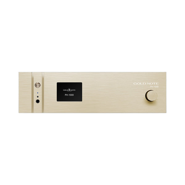 Gold Note PH-1000 Phono-Vorverstärker Gold Frontansicht mit Farbdisplay und Bedienknopf