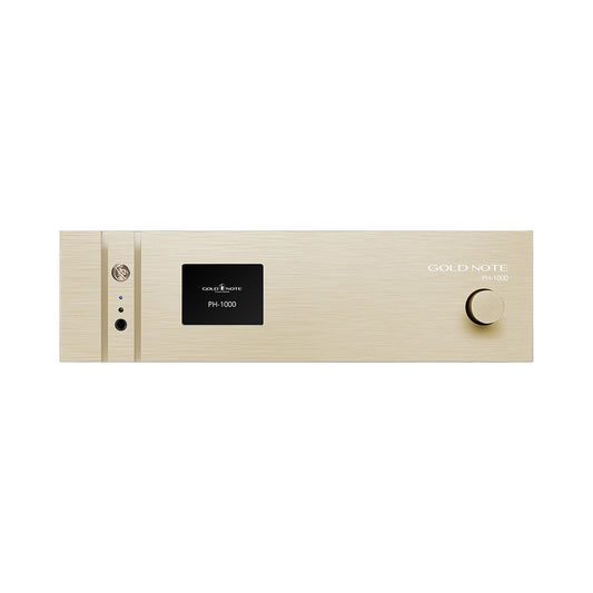 Gold Note PH-1000 Phono-Vorverstärker Gold Frontansicht mit Farbdisplay und Bedienknopf