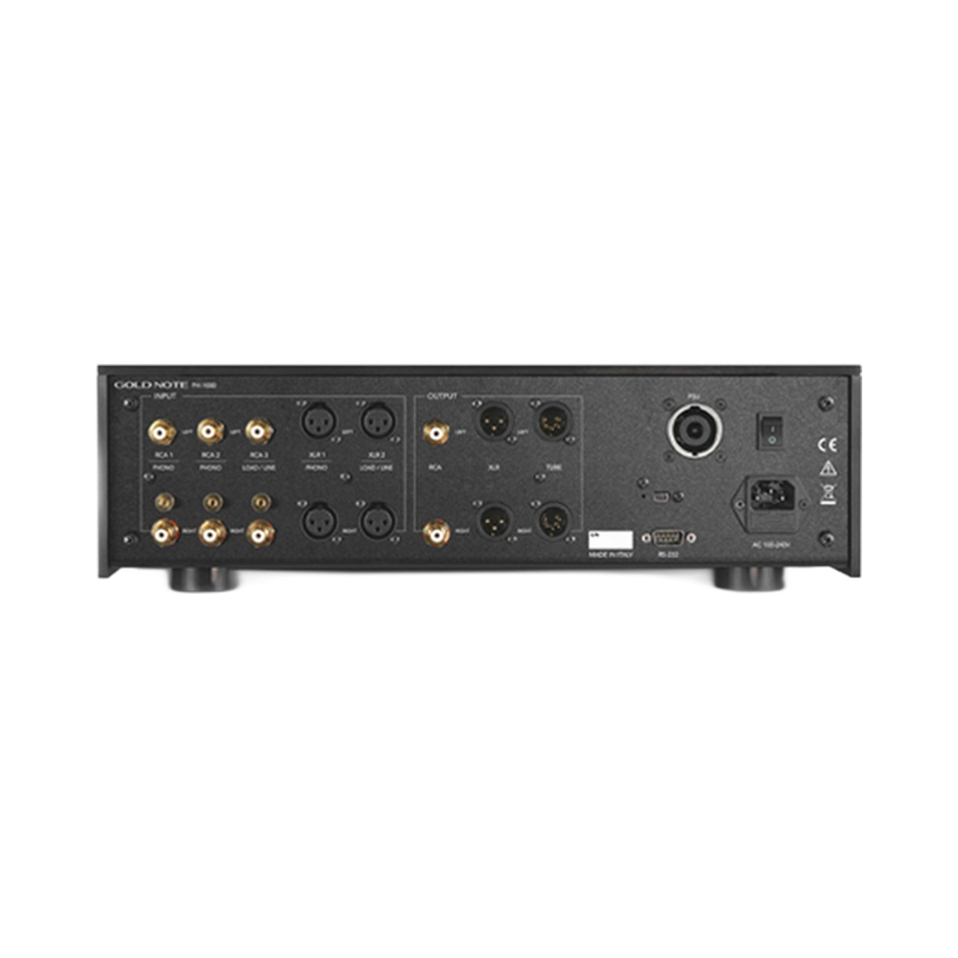 Gold Note PH-1000 Phono-Vorverstärker Gold Rückansicht mit RCA- und XLR-Ein- und -Ausgängen sowie PSU-Anschluss