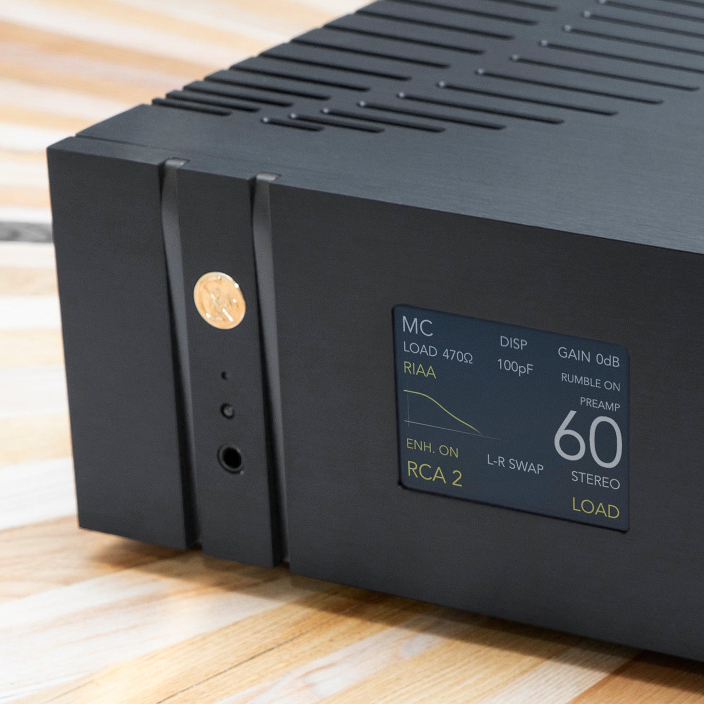 Gold Note PH-1000 Phono-Vorverstärker Schwarz Displayansicht mit RIAA-Kurve, MC-Eingang, Load 470 Ohm, Gain 0 dB