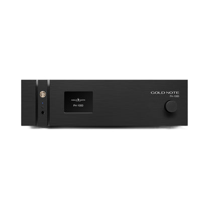 Gold Note PH-1000 Phono-Vorverstärker Schwarz Frontansicht mit Farbdisplay und Bedienknopf