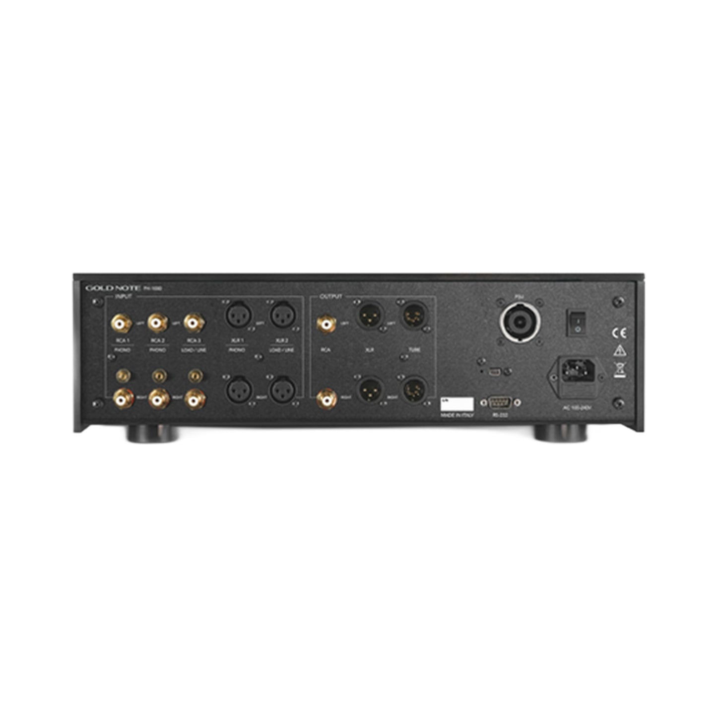 Gold Note PH-1000 Phono-Vorverstärker Schwarz Rückansicht mit RCA- und XLR-Ein- und -Ausgängen sowie PSU-Anschluss