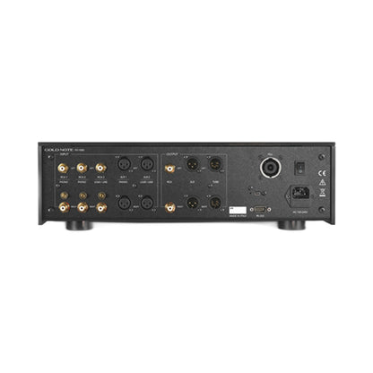 Gold Note PH-1000 Phono-Vorverstärker Schwarz Rückansicht mit RCA- und XLR-Ein- und -Ausgängen sowie PSU-Anschluss