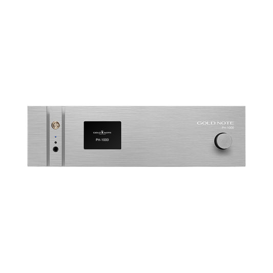 Gold Note PH-1000 Phono-Vorverstärker Silber Frontansicht mit Farbdisplay und Bedienknopf