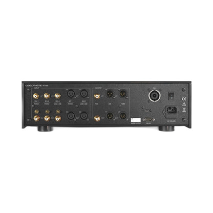 Gold Note PH-1000 Phono-Vorverstärker Silber Rückansicht mit RCA- und XLR-Ein- und -Ausgängen sowie PSU-Anschluss