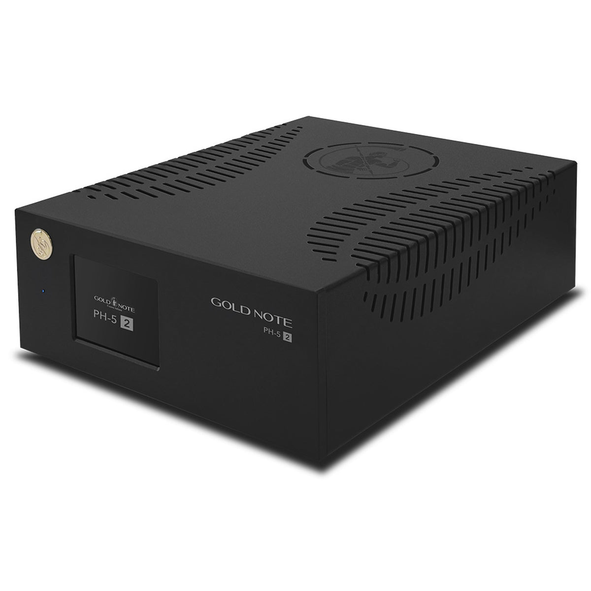 Gold Note PH-5.2 Phono-Vorverstärker Schwarz Schrägansicht mit Lüftungsschlitzen im Aluminiumgehäuse