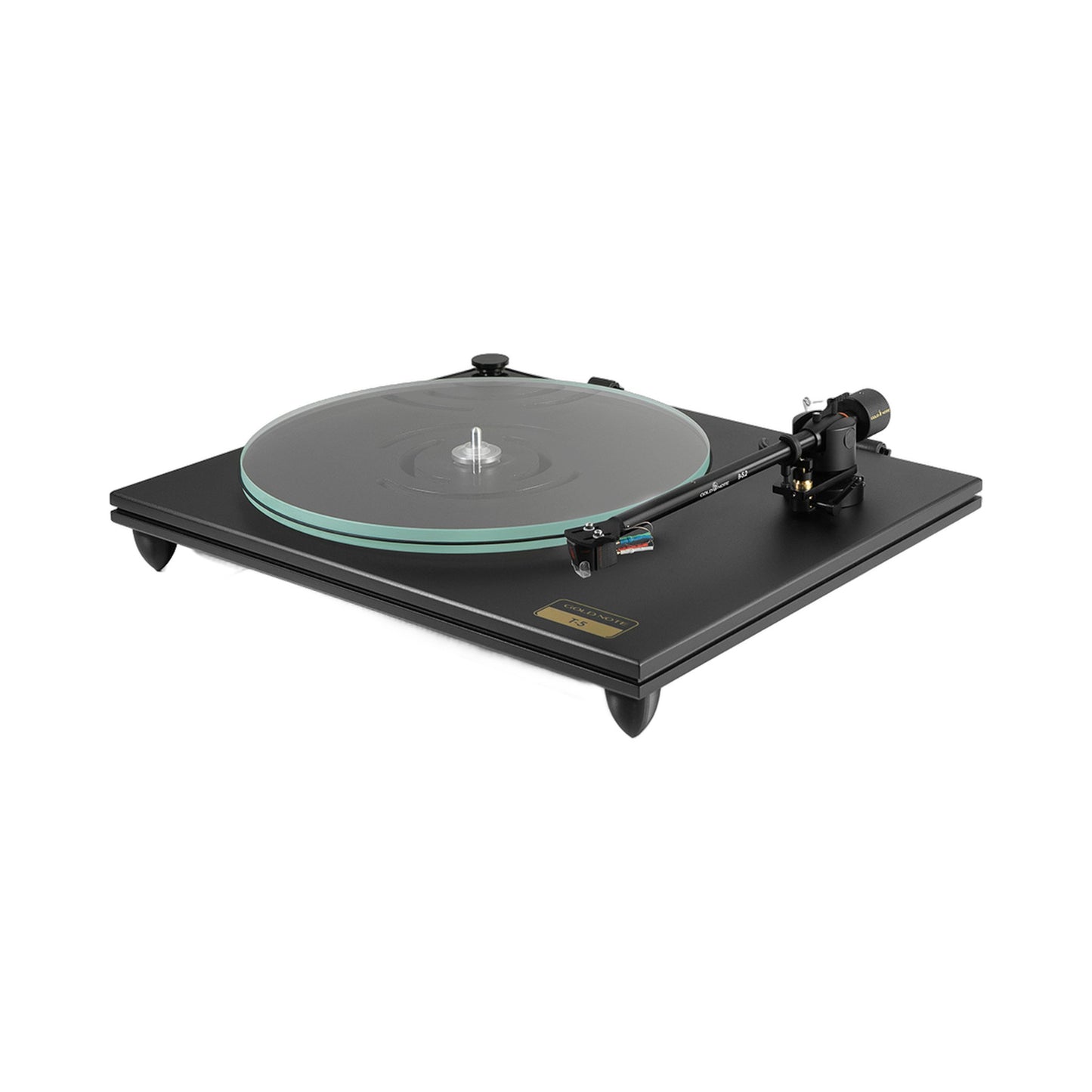 Gold Note T-5 Plattenspieler Schwarz Schrägansicht mit Glasplattenteller und B-5.2 Tonarm