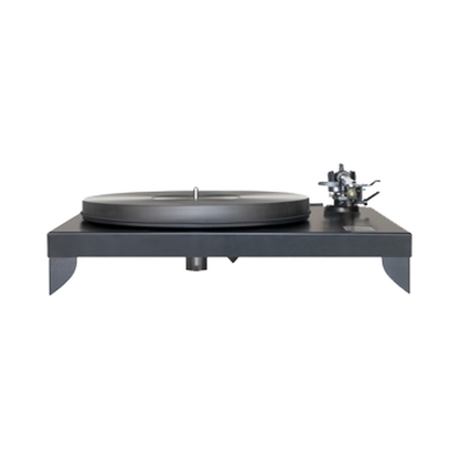 Gold Note Valore 425 Plus Plattenspieler Schwarz Frontansicht mit Plattenteller und Tonarm