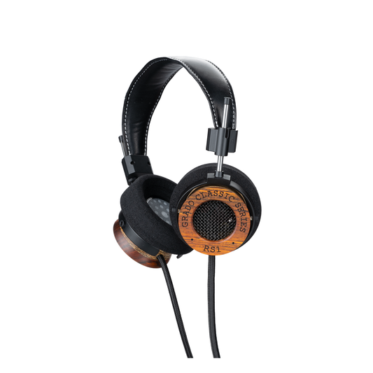 Grado Classic RS1 Open-Back-Kopfhörer Schrägansicht mit Holzgehäuse und Ohrpolster