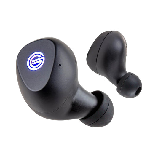 Grado GT220 True-Wireless-In-Ear-Kopfhörer Schrägansicht beide Ohrhörer mit beleuchtetem Logo