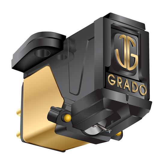 Grado Prestige Gold3 MI-Tonabnehmer Schrägansicht mit goldenem Gehäuse und gelbem Farbpunkt