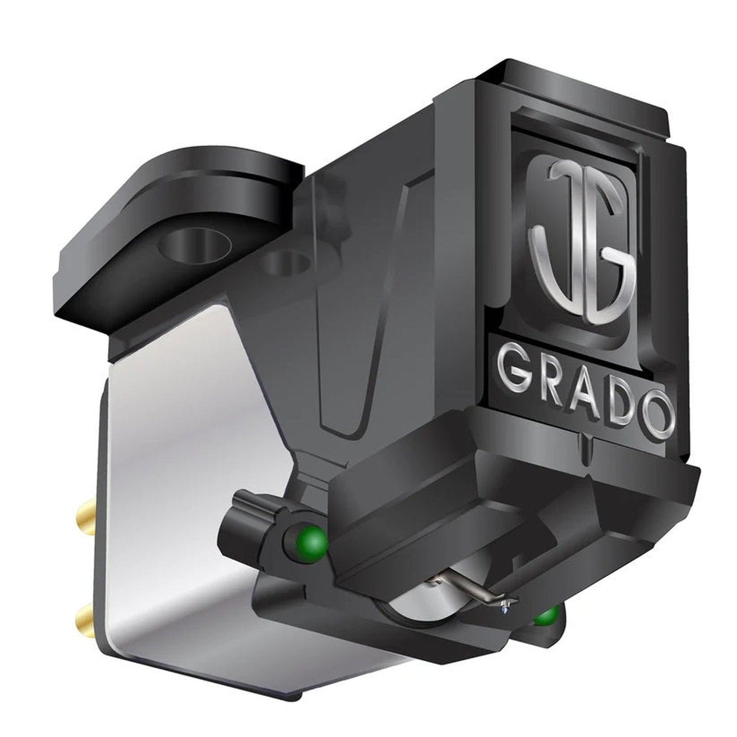 Grado Prestige Green3 MI-Tonabnehmer Schrägansicht mit silbernem Gehäuse und grünem Farbpunkt