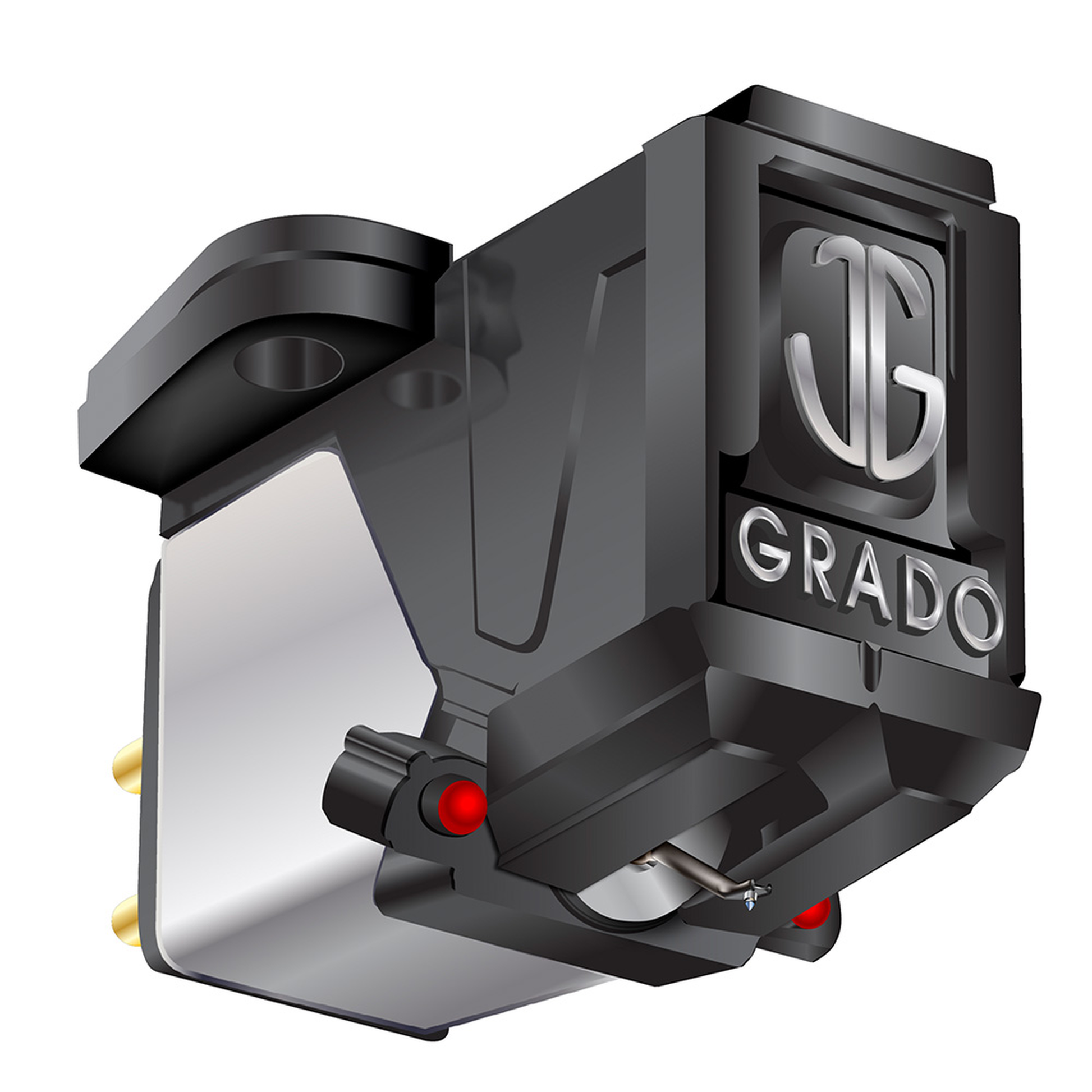 Grado Prestige Red3 MI-Tonabnehmer Schrägansicht mit silbernem Gehäuse und rotem Farbpunkt