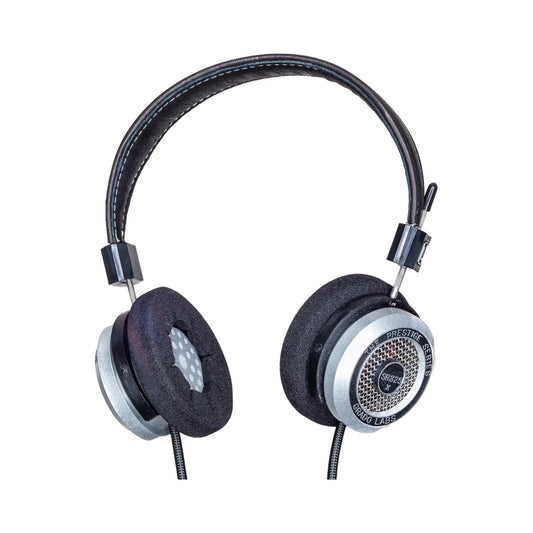Grado Prestige SR325x Open-Back-Kopfhörer Schrägansicht mit silbernen Ohrmuscheln und Kopfbügel