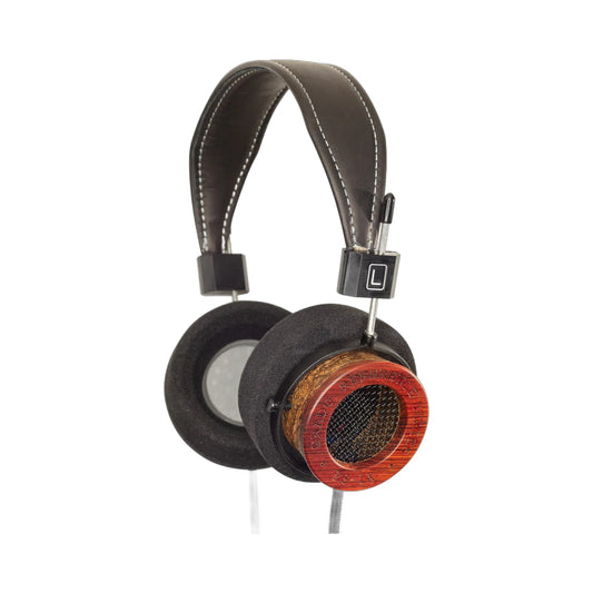 Grado Reference RS1x Open-Back-Kopfhörer Schrägansicht mit Holzgehäuse und Lederkopfband