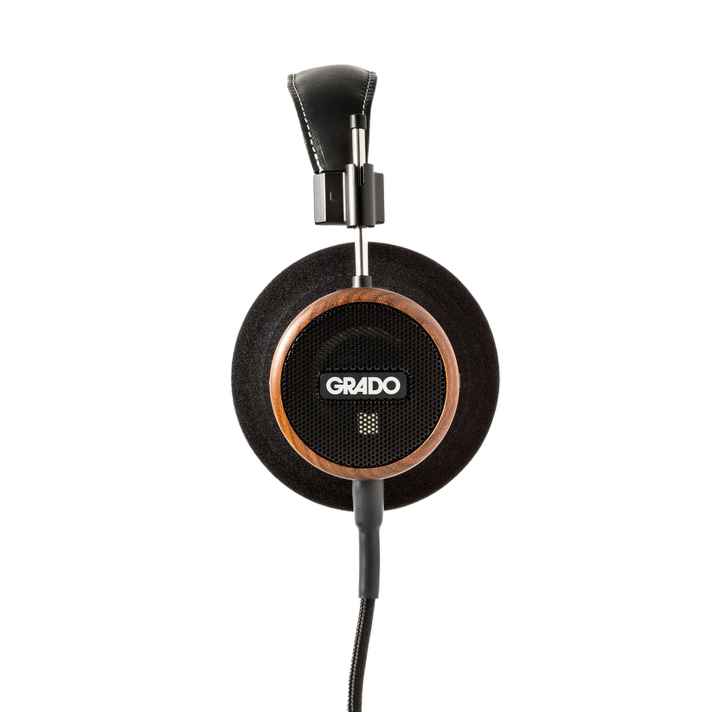 Grado Signature S550 Open-Back-Kopfhörer Seitenansicht einer Ohrmuschel mit Holzring und Metallgitter