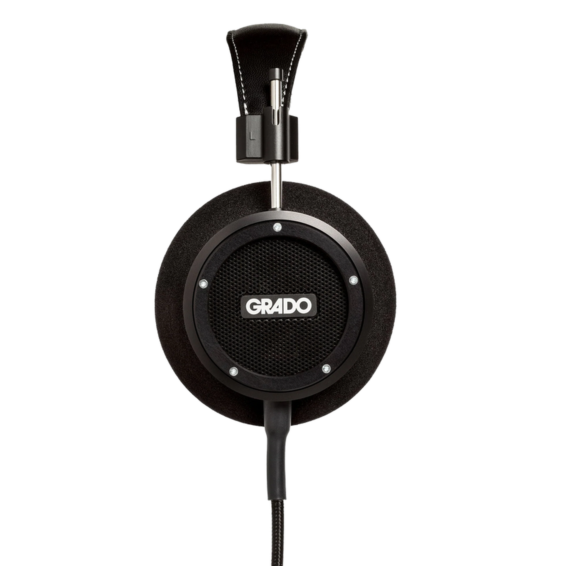 Grado Signature S750 Open-Back-Kopfhörer Seitenansicht einer Ohrmuschel mit Metallgitter und Logo
