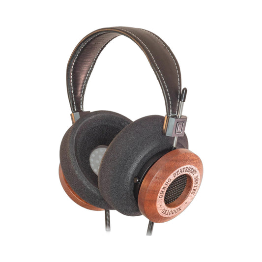 Grado Statement GS1000x Open-Back-Kopfhörer Schrägansicht mit Holzgehäuse und Lederkopfband