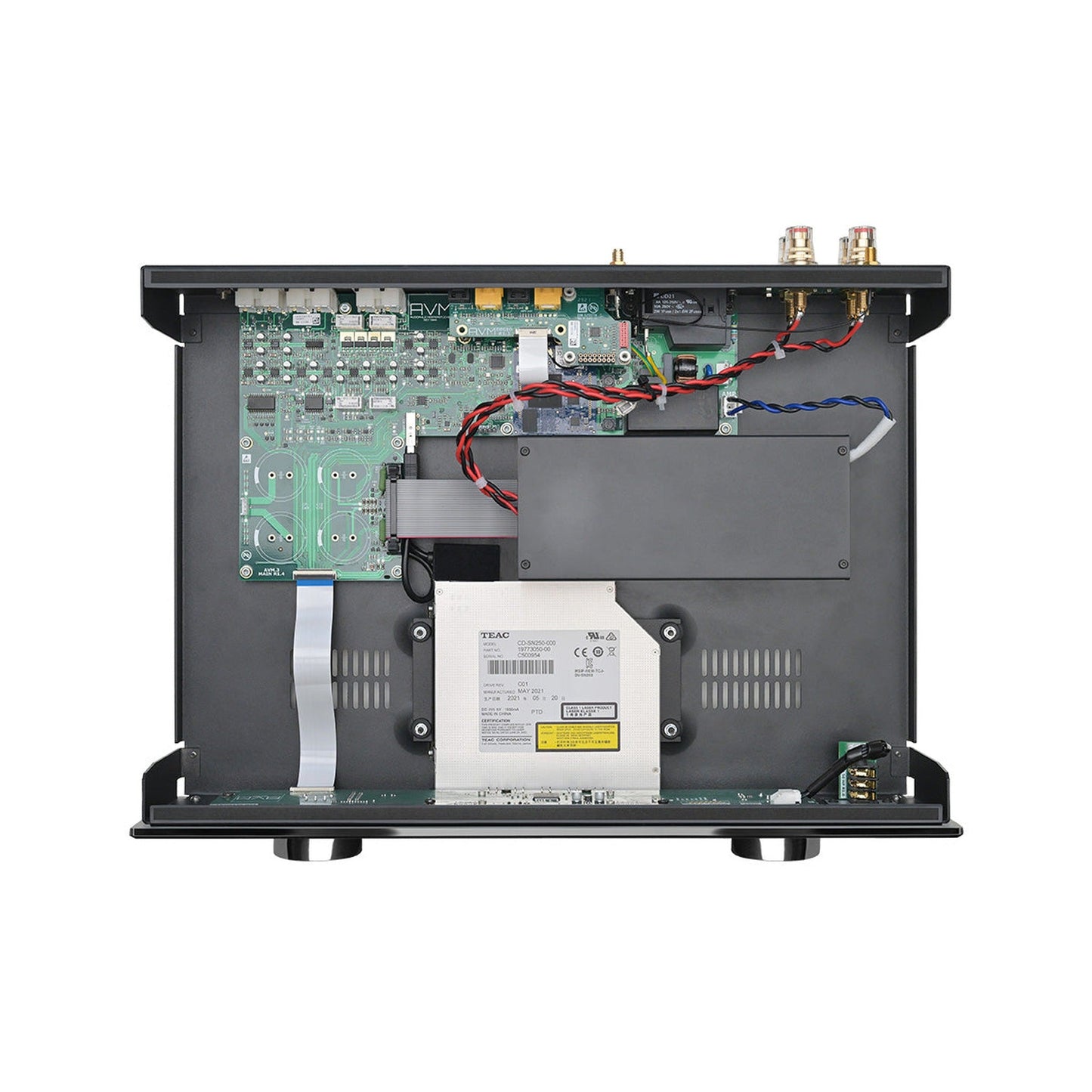 AVM Inspiration AS 2.3 HiFi-Set Silber, Innenansicht eines AVM CS 30.3 Vollverstärkers mit CD-Laufwerk und Platinen