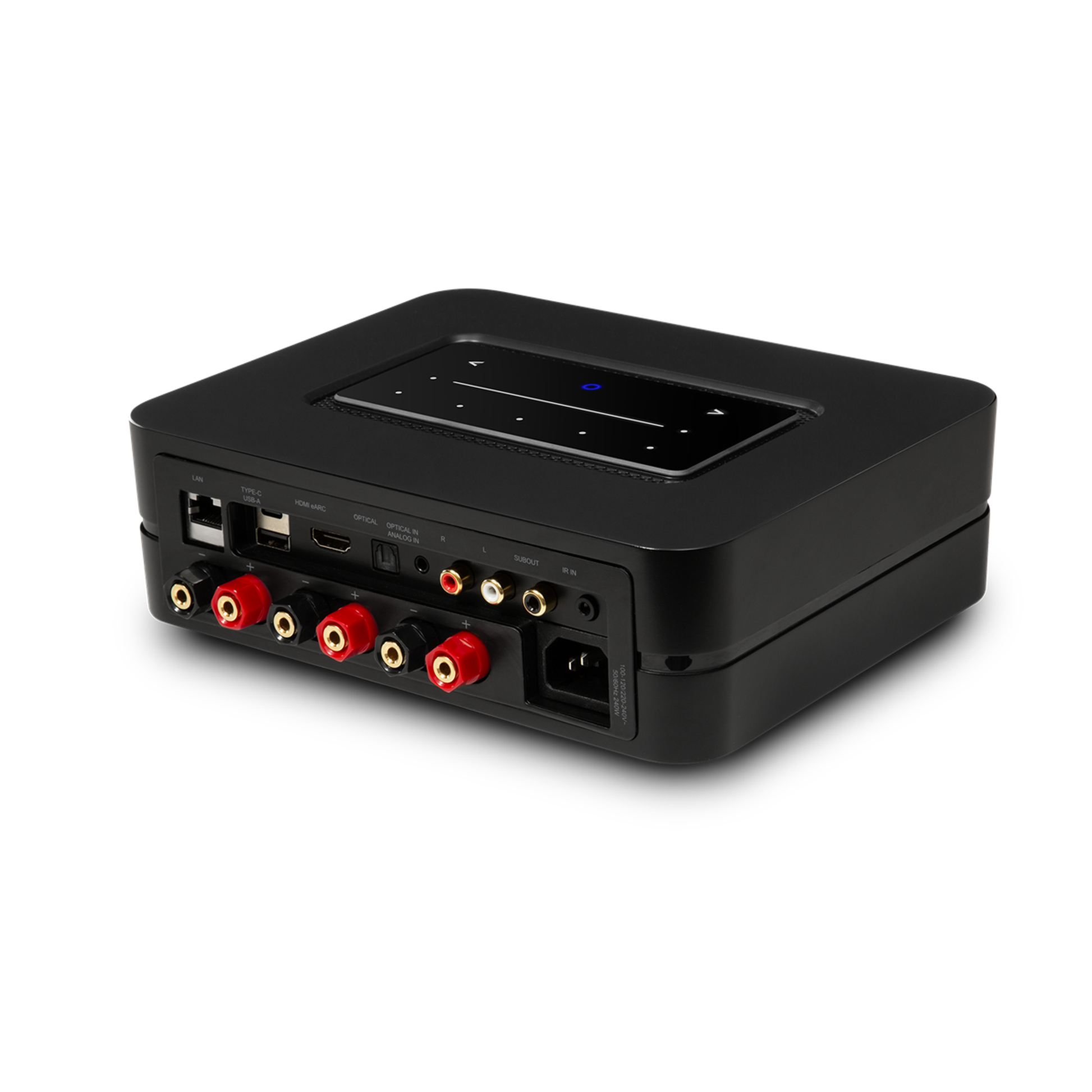 HiFi-Set Bluesound Powernode + Argon Forus 55 Schwarz Schrägansicht des Powernode auf Lautsprecherklemmen und Anschlüsse