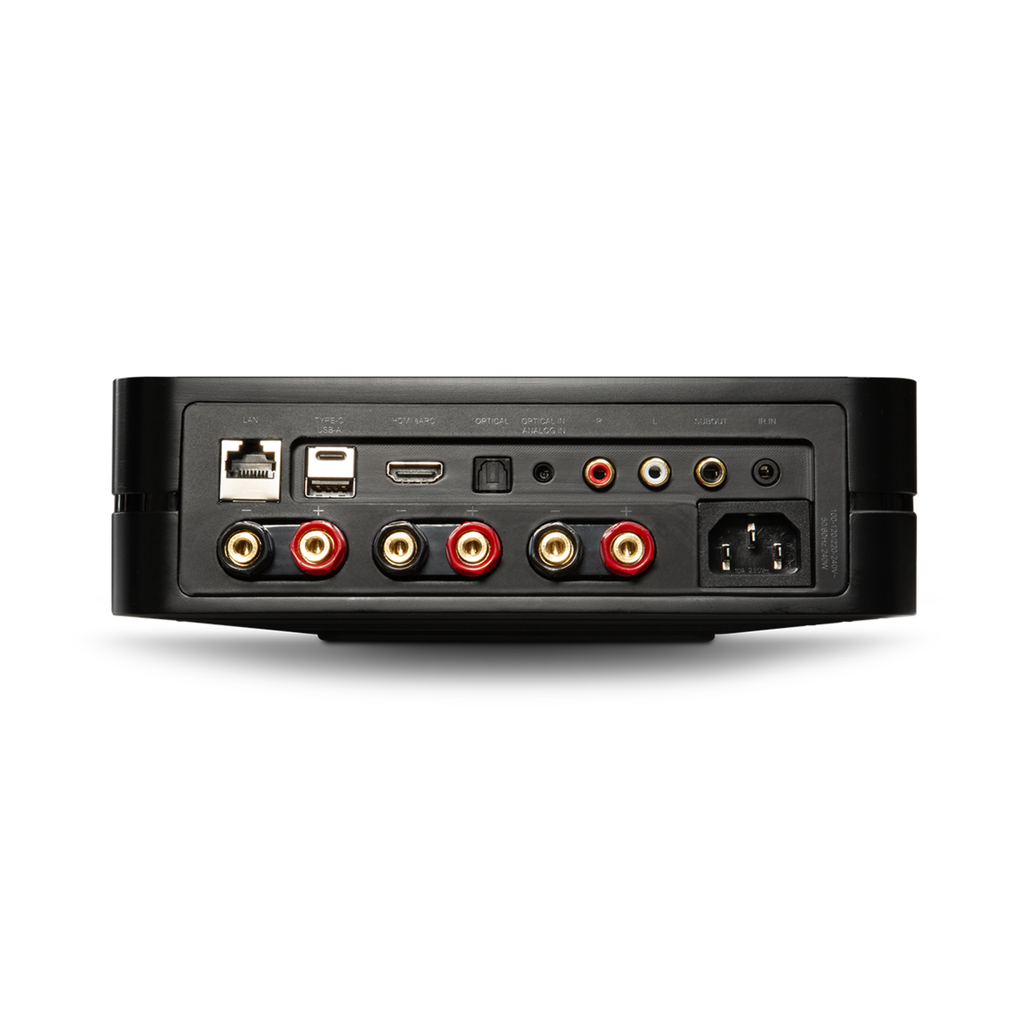 HiFi-Set Bluesound Powernode + Argon Forus 55 Schwarz Anschlussfeld des Powernode mit HDMI eARC, Cinch, Optical und LAN