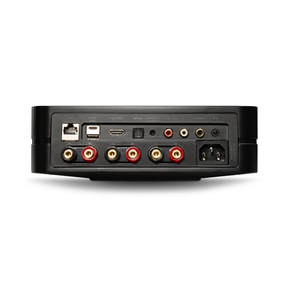 HiFi-Set Bluesound Powernode + Argon Forus 55 Schwarz Anschlussfeld des Powernode mit HDMI eARC, Cinch, Optical und LAN