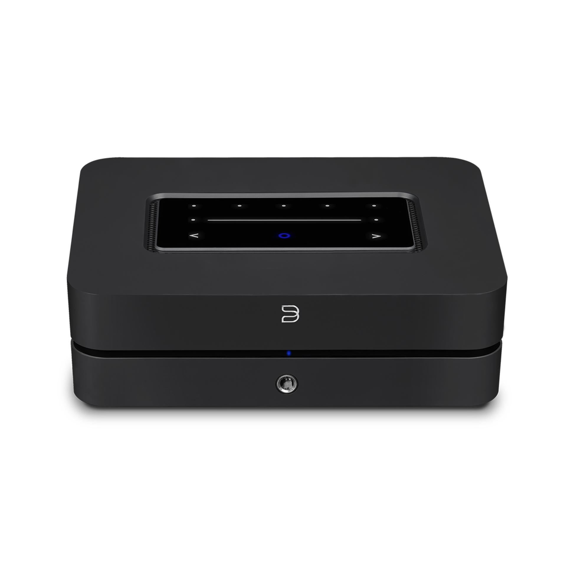 HiFi-Set Bluesound Powernode + Argon Forus 55 Schwarz Schrägansicht des Powernode von vorne oben
