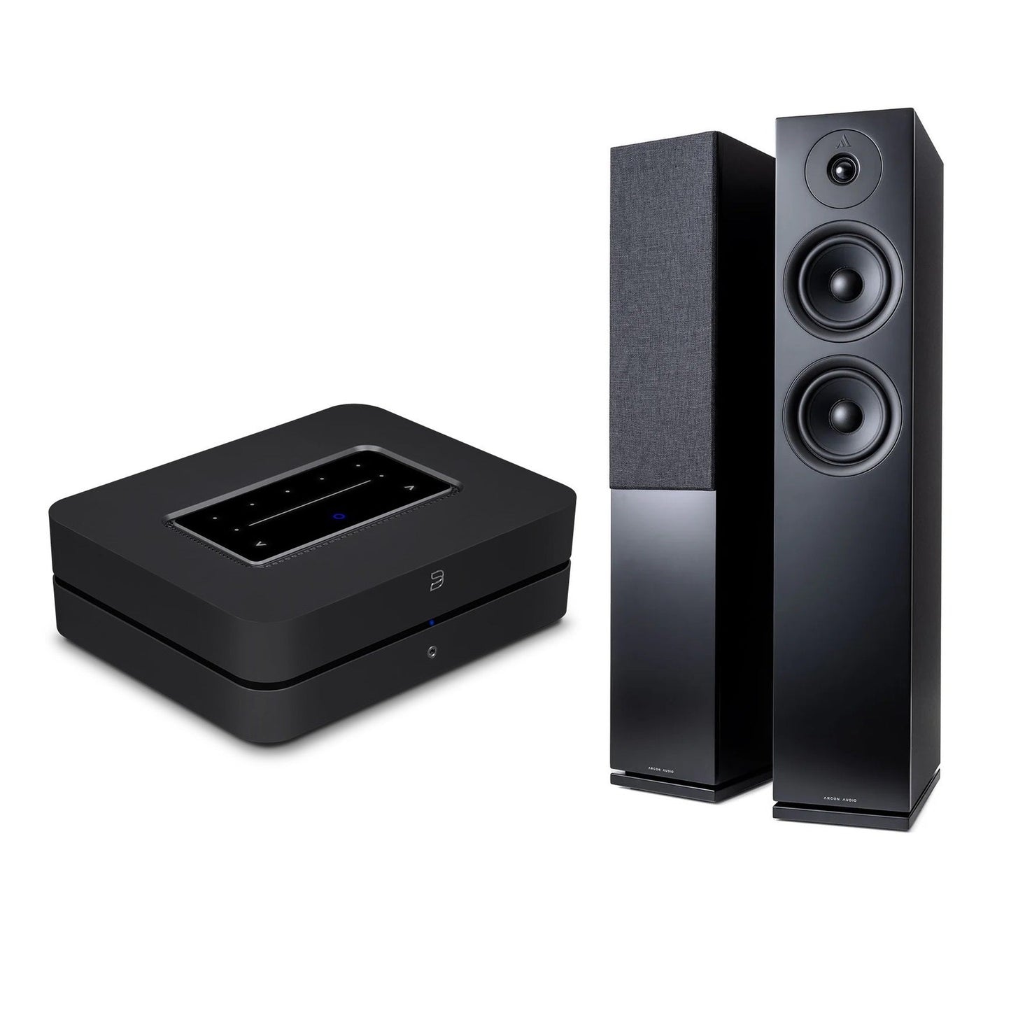 HiFi-Set Bluesound Powernode + Argon Forus 55 Schwarz Setansicht mit Powernode und Standlautsprecherpaar