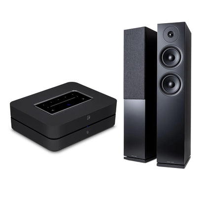HiFi-Set Bluesound Powernode + Argon Forus 55 Schwarz Setansicht mit Powernode und Standlautsprecherpaar
