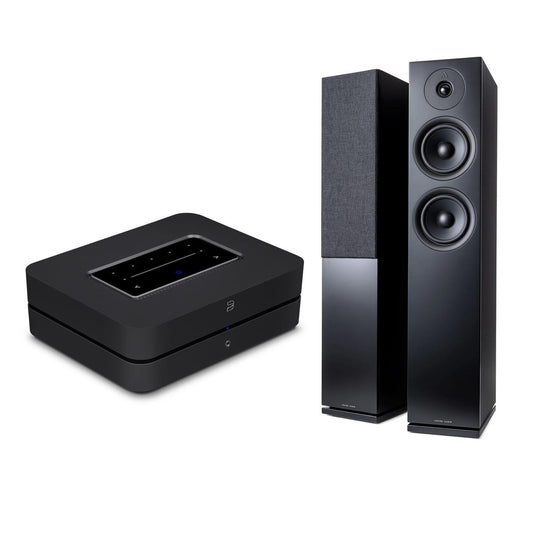 HiFi-Set Bluesound Powernode + Argon Forus 55 Schwarz Setansicht mit Powernode und Standlautsprecherpaar