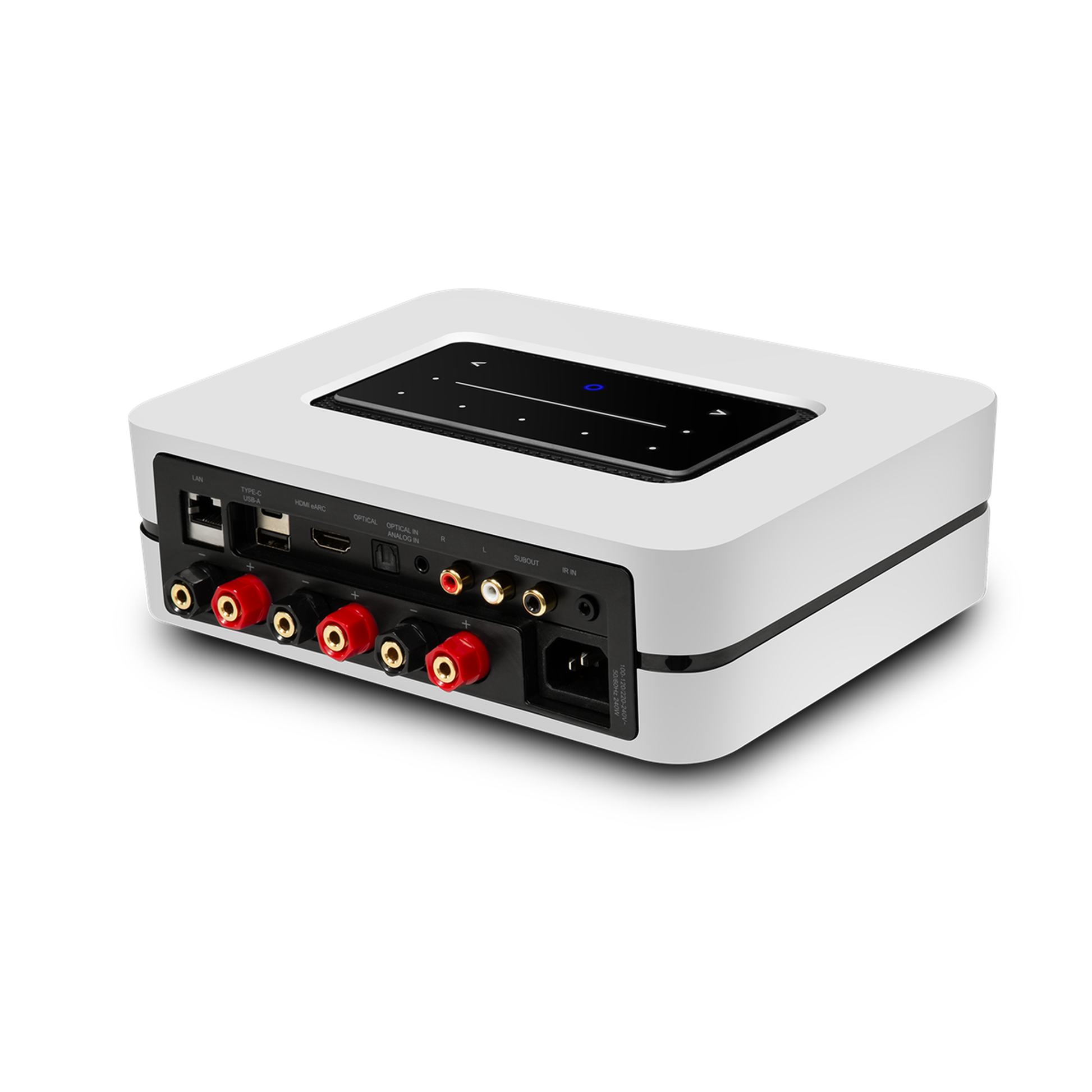 HiFi-Set Bluesound Powernode + Argon Forus 55 Weiss Schrägansicht des Powernode auf Lautsprecherklemmen und Anschlüsse