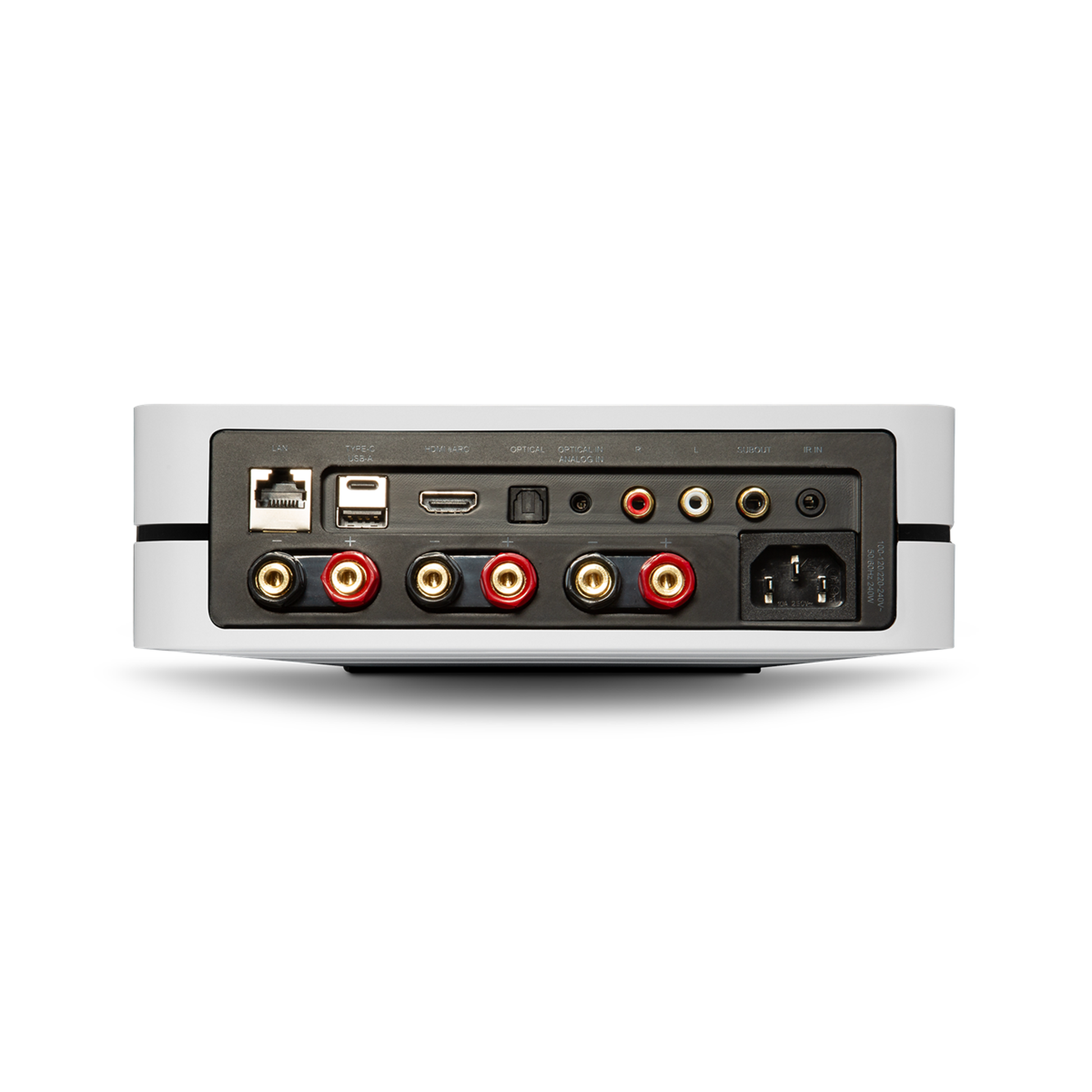 HiFi-Set Bluesound Powernode + Argon Forus 55 Weiss Anschlussfeld des Powernode mit HDMI eARC, Cinch, Optical und LAN