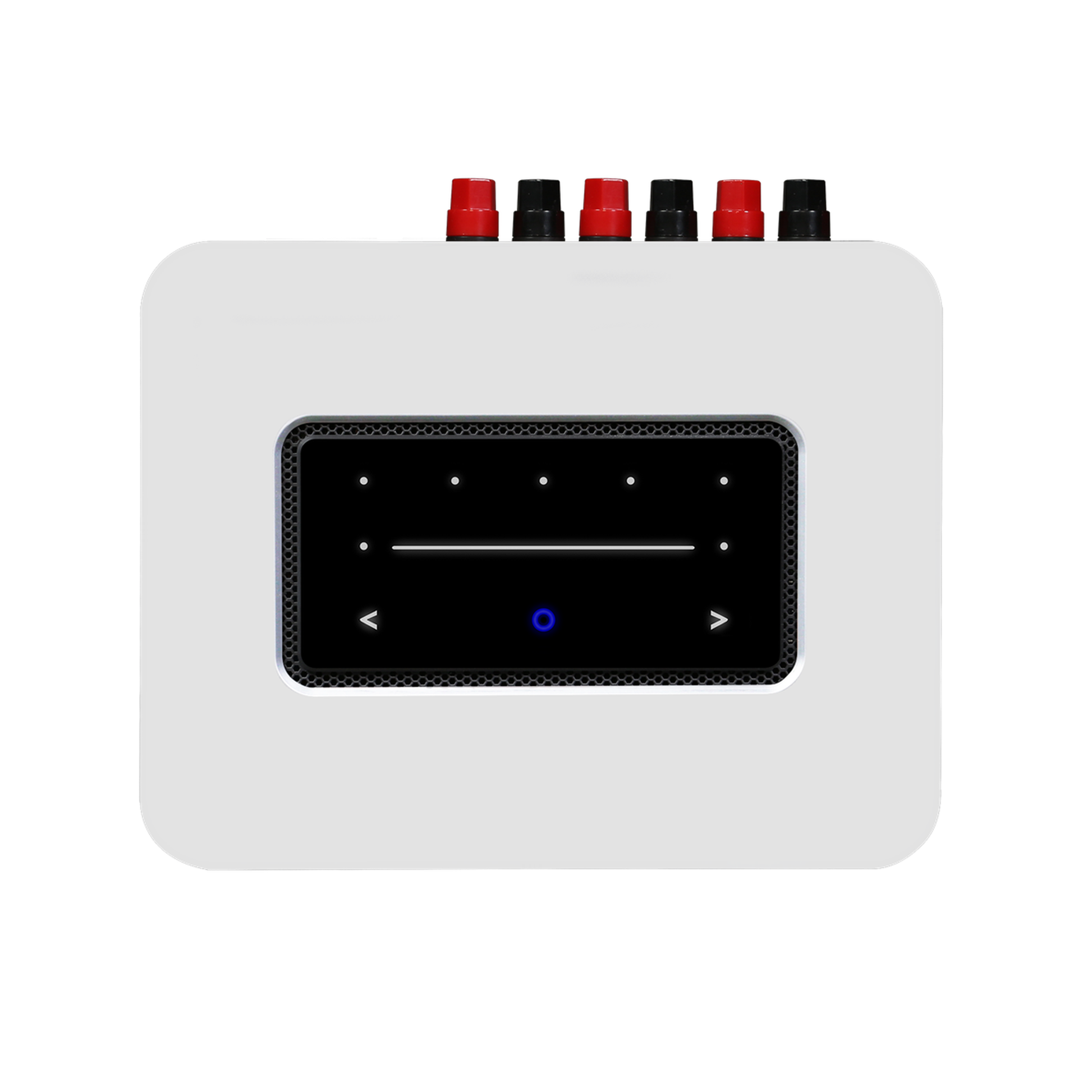 HiFi-Set Bluesound Powernode + Argon Forus 55 Weiss Draufsicht des Powernode mit Touch-Bedienfeld und Klemmen