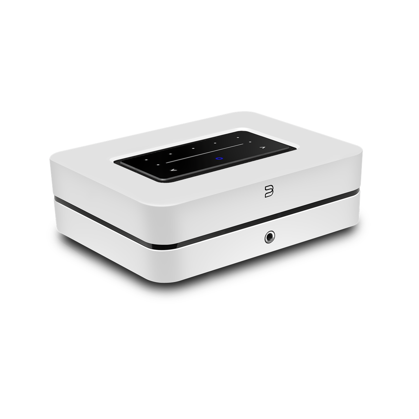 HiFi-Set Bluesound Powernode + Argon Forus 55 Weiss Schrägansicht des Powernode von vorne oben